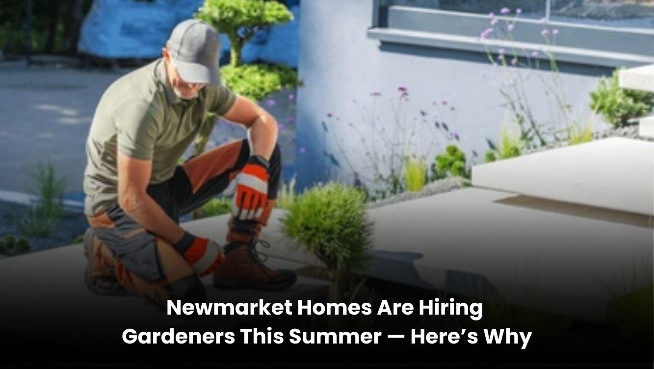 Gardener maintaining a summer garden at a Newmarket home with green lawn and plants