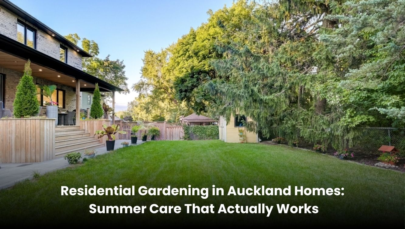 Residential garden at an Auckland home with healthy plants and green lawn in summer