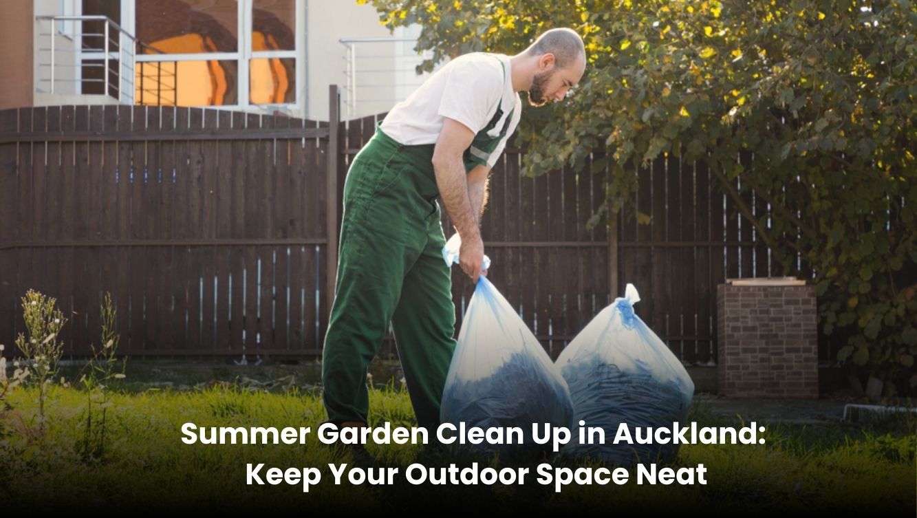 Garden clean up team trimming hedges and removing weeds in a sunny Auckland backyard