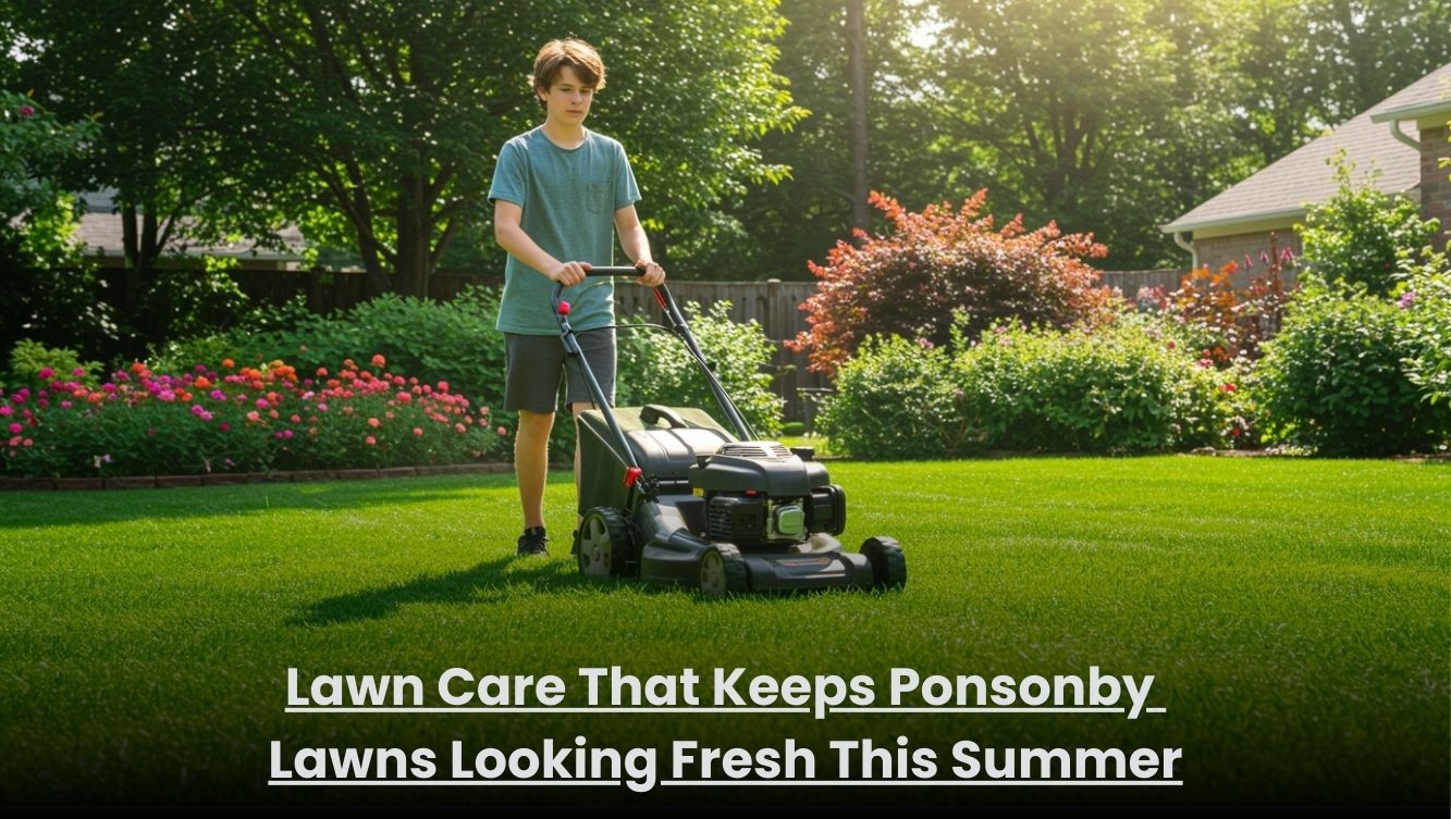 Fresh green lawn after professional lawn care service in Ponsonby during summer