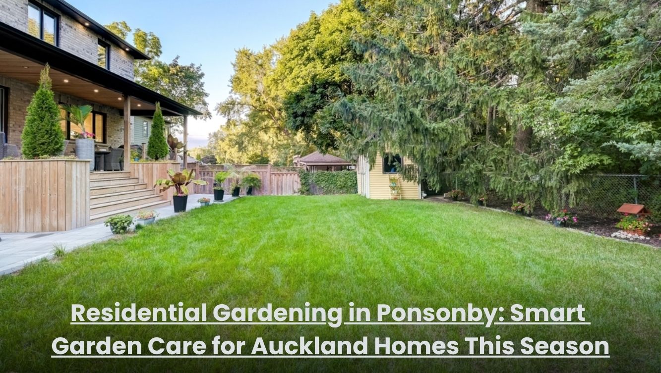 Well-maintained residential garden in Ponsonby Auckland with trimmed lawn, neat hedges, and seasonal plants.