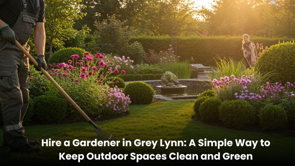 Professional gardener mowing lawn and maintaining a clean green garden in Grey Lynn