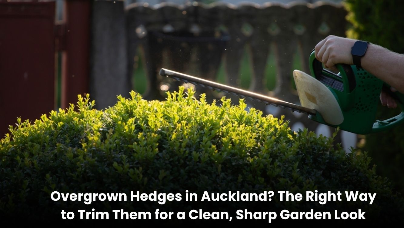 Professional trimming of overgrown hedges in an Auckland garden for a clean and neat look