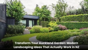 Modern Auckland garden design with low-maintenance plants, outdoor seating, and weather-resistant landscaping suitable for New Zealand climate
