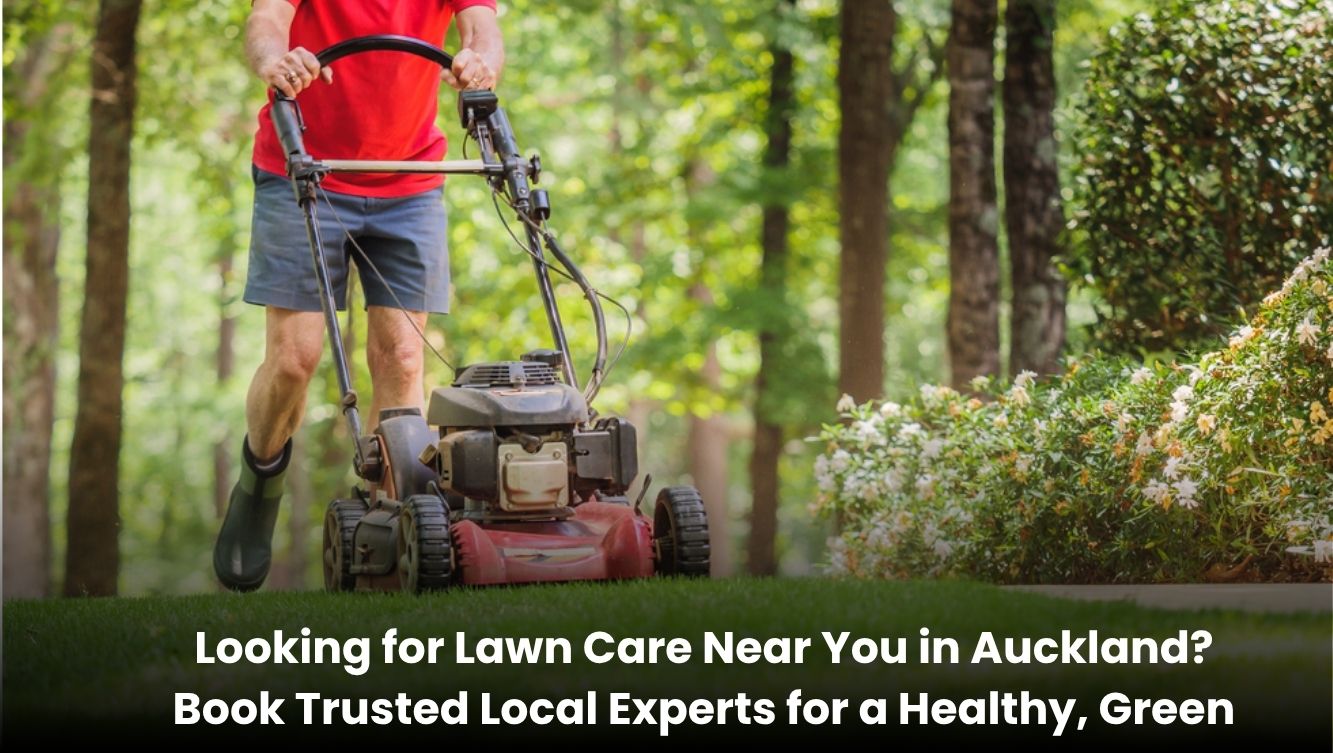 Professional lawn care service in Auckland cutting green grass in a well-maintained residential garden