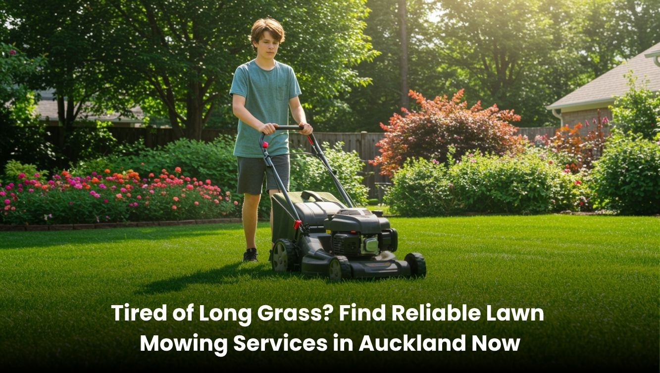 Professional lawn mowing service in Auckland cutting long grass and maintaining a healthy lawn
