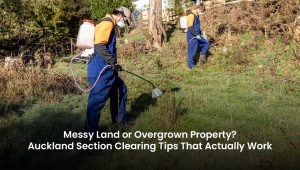 Professional section clearing service in Auckland removing overgrown grass, weeds, and vegetation from a residential property