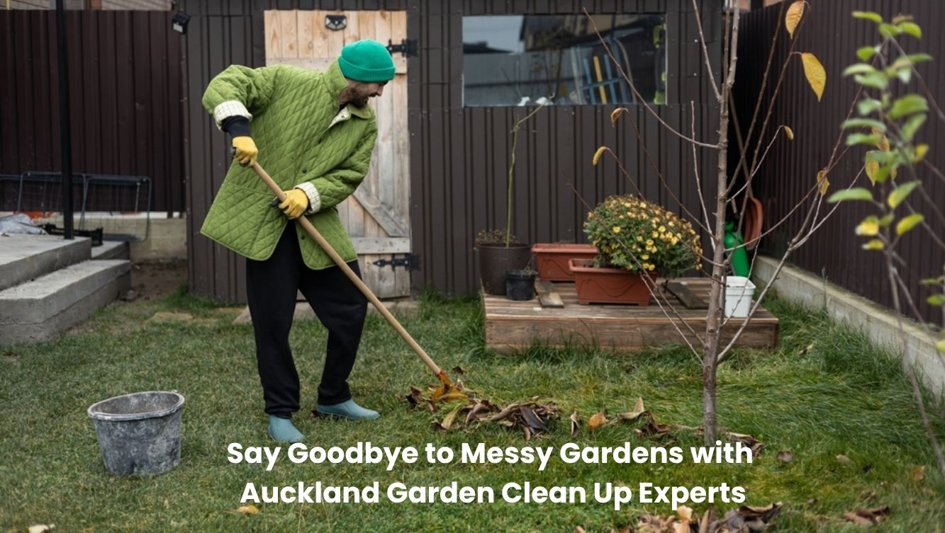 Professional garden clean up team clearing leaves and trimming plants in an Auckland garden.