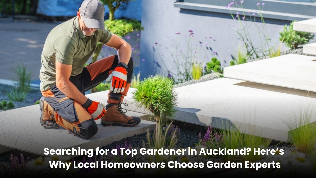 Professional gardener maintaining a beautiful residential garden in Auckland.