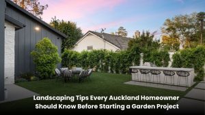Professional landscaping project in an Auckland home featuring lush green lawns, native plants, modern garden design, and outdoor living space.