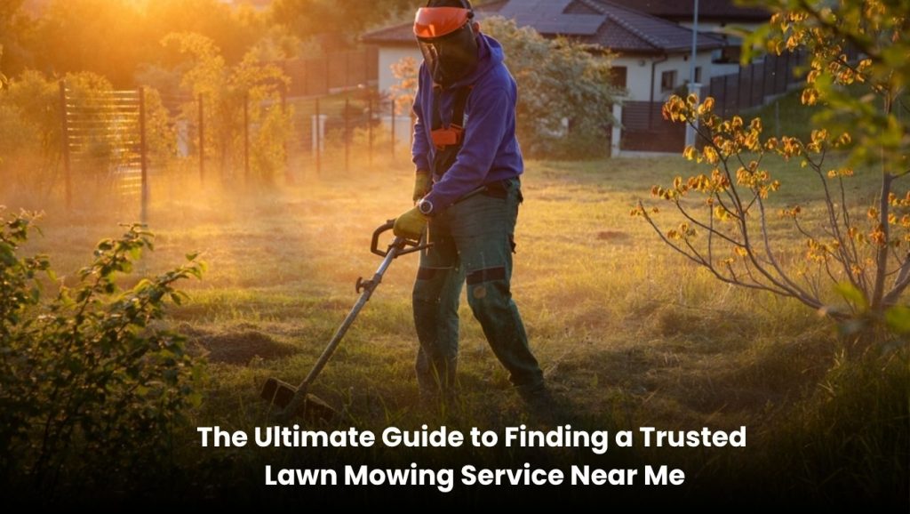 Professional lawn mowing service maintaining a healthy green residential lawn with modern mowing equipment.