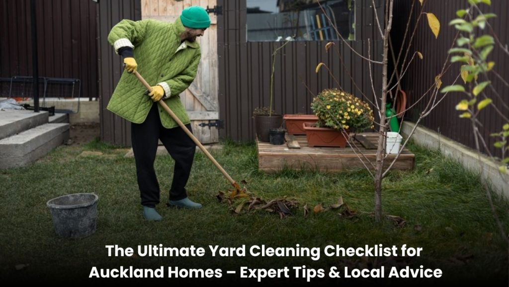 Homeowner cleaning a backyard lawn and garden in Auckland with trimmed hedges, leaf removal, and a tidy outdoor space.
