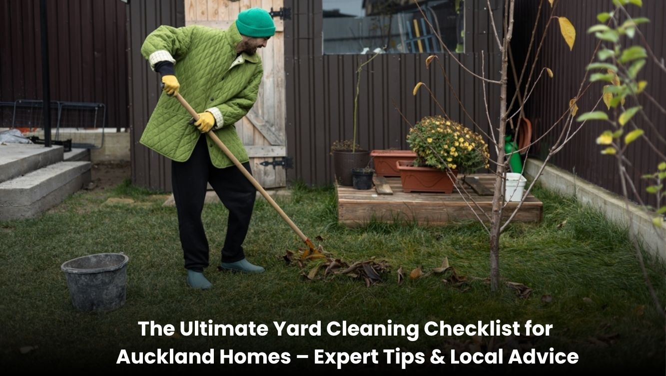 Homeowner cleaning a backyard lawn and garden in Auckland with trimmed hedges, leaf removal, and a tidy outdoor space.